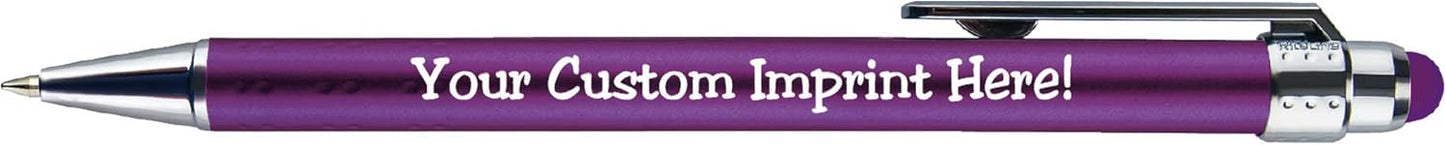 Personalized Pens with Stylus Tip -Bright Vibes- Click action - Custom - Black writing - Printed Name pens - Imprinted with Your Logo or Message - FREE PERSONALIZATION - 12 Pens/Box (Purple)