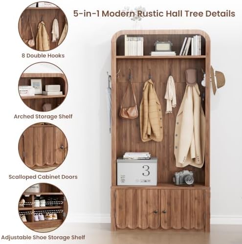 Narrow Hall Tree with Bench and Shoe Storage, Arched Mudroom Bench with Storage - Image 4