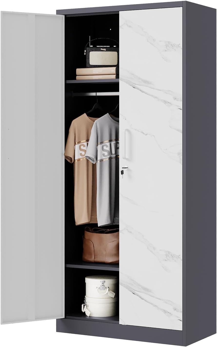 Letaya Wardrobe Closet, 72" H Clothing Storage Cabinet with Adjustable Shelves and Hanging Rod, Bedroom Armoire Clothes Organizer (White Gray)