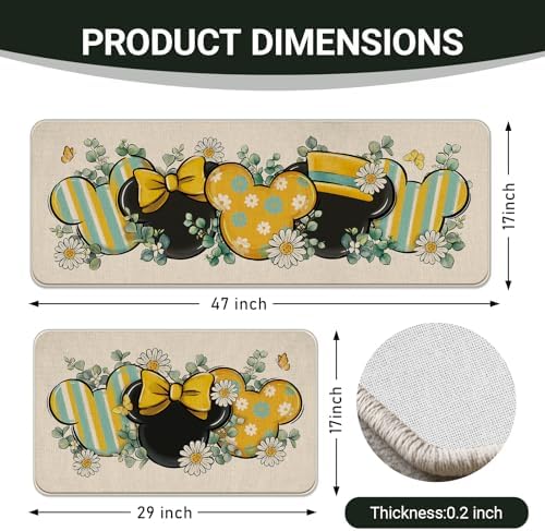 Pycat Spring Summer Kitchen Rugs Set of 2, Eucalyptus Leaves Daisy Flower - Image 3