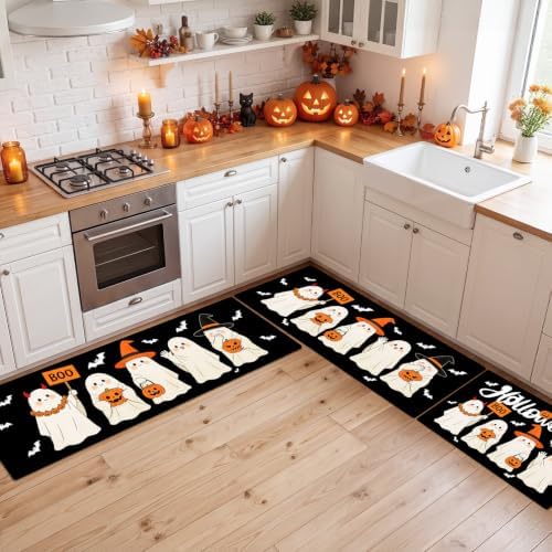 Halloween Kitchen Rugs Set of 3, Witch Hat Ghost Kitchen Mat, Spooky Rugs - Image 3