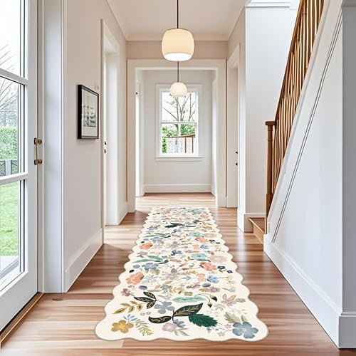 3x10 Washable Hallway Runner Rug: Long Floral Scalloped Soft Runners - Image 2