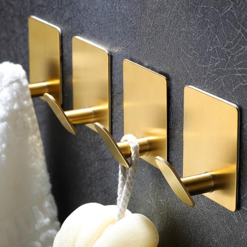 DELITON Gold Towel Hooks- 4 Pack Adhesive Hook by DELITON