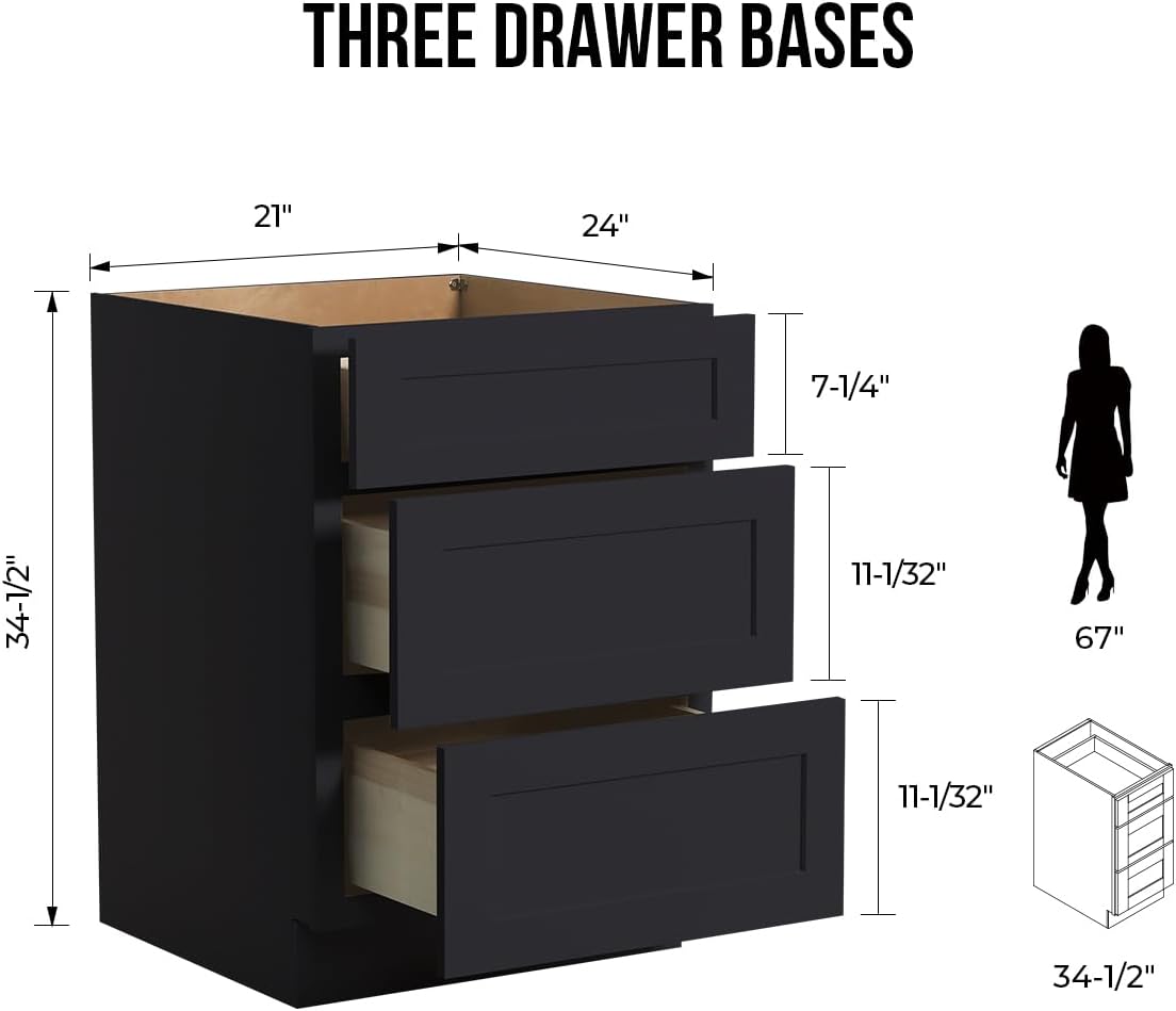Shaker Style Charcoal Black RTA Base Cabinet with Drawers- Solid Wood 3-Drawer Design with Soft Close, 21" W x 24" D x 34.5" H, Perfect for Standalone Use or Kitchen Cabinet Combinations