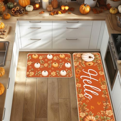 Hello Fall Kitchen Mats, Autumn Pumpkin Kitchen Rugs Set of 2 - Image 6