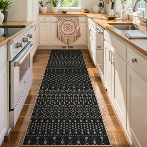 Lahome Moroccan Easy Jute Washable Runner Rug, 2x8 Black Kitchen Runner by Lahome