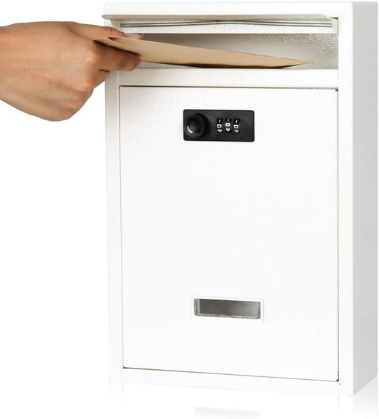KYODOLED Locking Wall Mount Mailbox, Mail Boxes with Combination Lock for Outside, Security Drop Box with Code,12.4H x 8.54L x 3.35W Inches, White