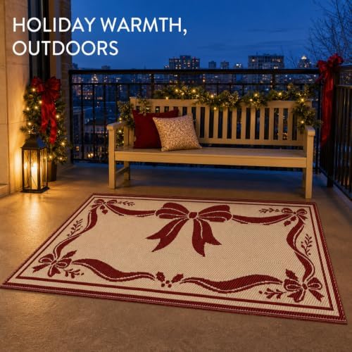 3x5 Ft Christmas Ribbon Bow Reversible Plastic Straw Outdoor Rug - Image 4