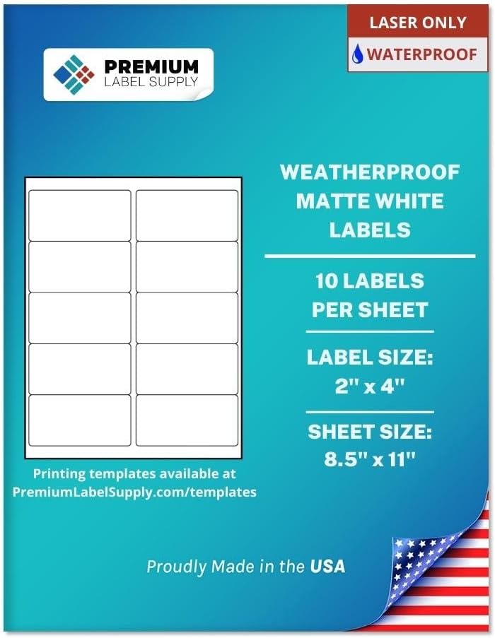 Premium Label Supply Waterproof White Address Sticker Labels – 2" x 4" – Laser Printers Only – (10 per Sheet), 100 Sheets - 1,000 Total Adhesive Labels