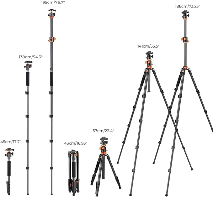 K&F CONCEPT 73 inch /186cm Camera Tripod, Transverse Center Column Aluminium - Image 6
