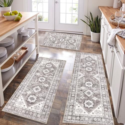 HEBE Boho Kitchen Rugs Set of 3, Non Slip Washable Kitchen Mats by HEBE