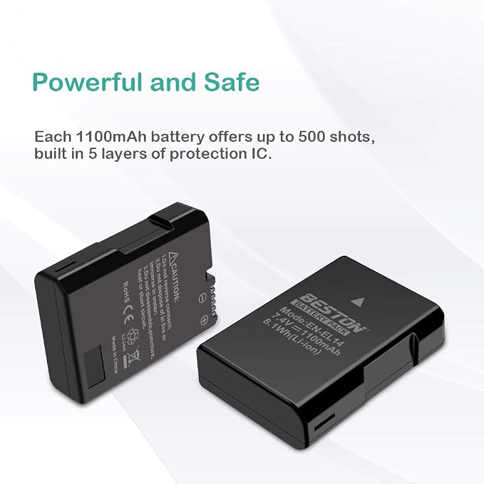BESTON 2-Pack EN-EL14 / EN-EL14a Battery Packs and Rapid USB Charger Compatible - Image 2