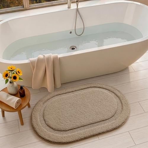 Color&Geometry Oval Beige Bathroom Rugs 42x24, Extra Soft Absorbent Microfiber - Image 4