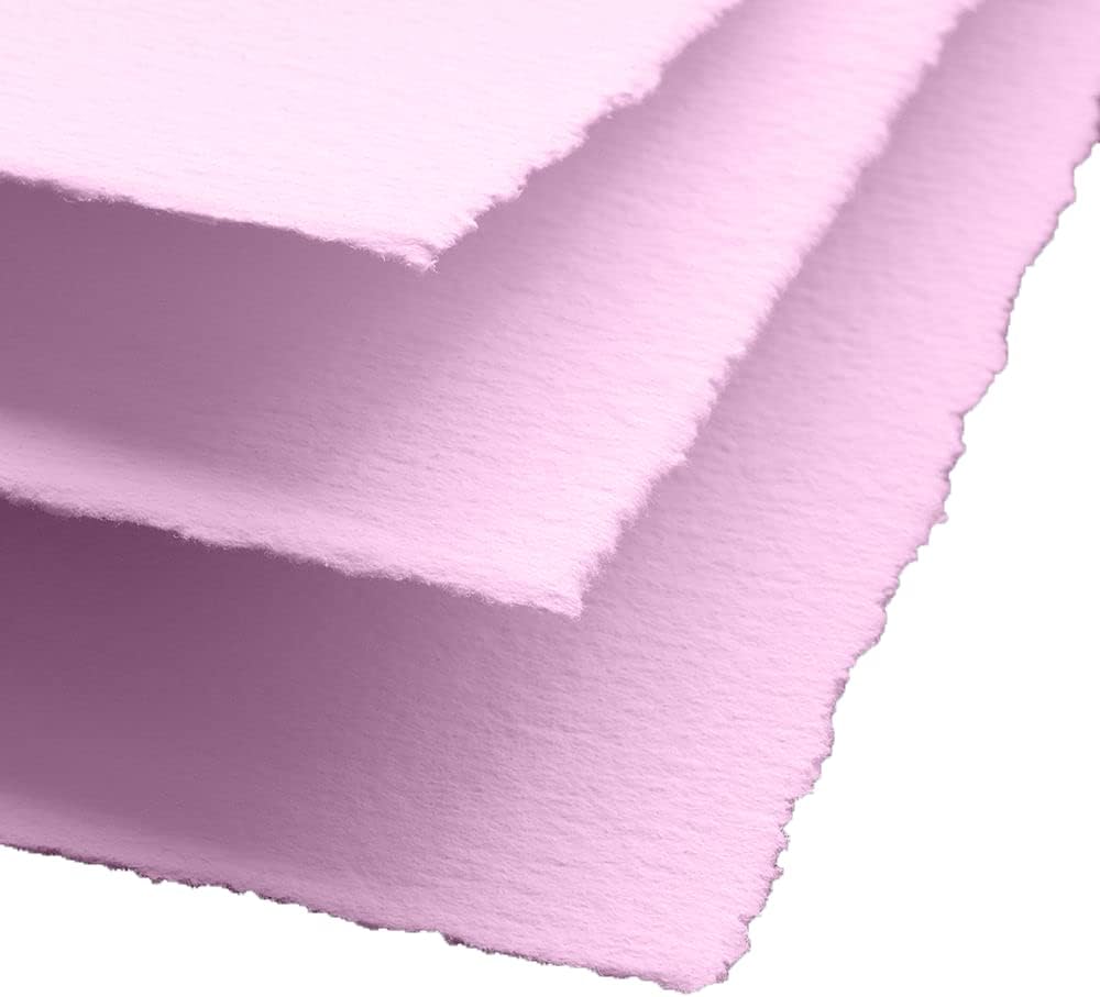 Handmade Deckle Edge Blank Paper - Mixed Media Loose Leaf Paper for Watercolor, Writers, Invitations, Crafts - Pink Color - Package of 50 - Thick 150 GSM - 8 x 8