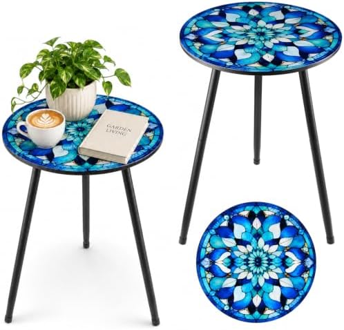 2 Pack Metal Mosaic Round Side Tables 13.4" Small Outdoor Patio Round Accent by PartyZealot