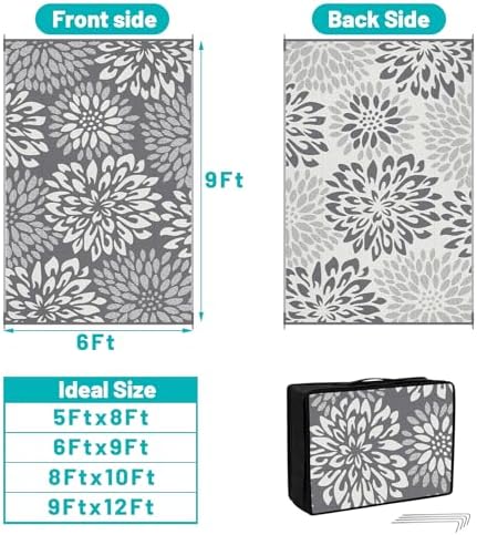HEBE Waterproof Outdoor Rug 6'x9', Floral Reversible Plastic Patio Rug - Image 2