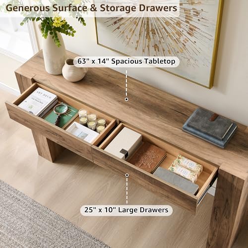 OKD 63" Console Table with Drawers, Thick Block Entryway Table, Rustic Oak - Image 4