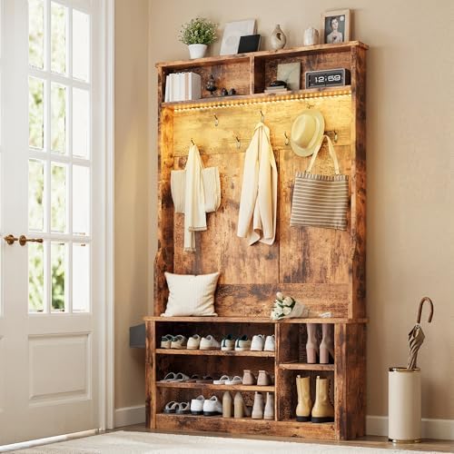 Aiho Hall Tree with Bench and Shoe Storage, 5-in-1 Entryway Bench with Coat Rack - Image 4