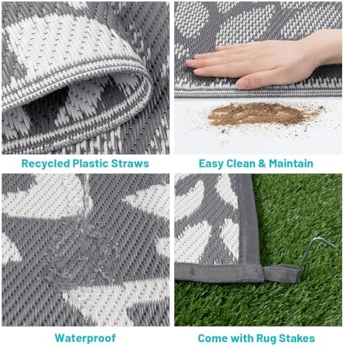 HEBE Waterproof Outdoor Rug 6'x9', Floral Reversible Plastic Patio Rug - Image 4
