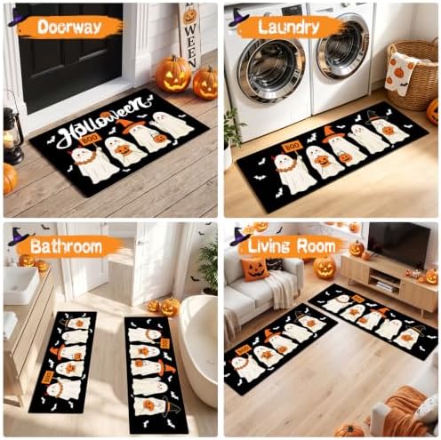 Halloween Kitchen Rugs Set of 3, Witch Hat Ghost Kitchen Mat, Spooky Rugs - Image 5