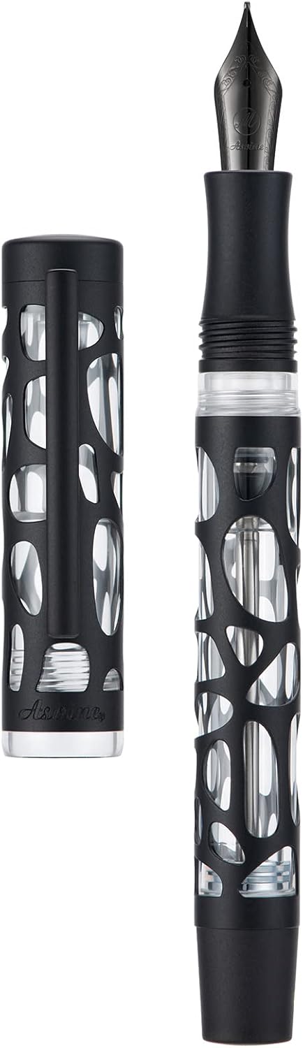 Asvine V169 Vacuum Filling Fountain Pen, Matte Black Water Drop Skeleton Transparent Acrylic Pen, Black Medium Nib Office Pen with Case Set