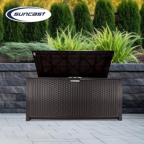 Suncast 99 Gallon Plastic Wicker Deck Box Container Storage - Image 5