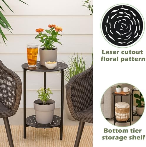 2-Tier Metal Round Side Table Black Accent Coffee Tables Small Space Corner - Image 5