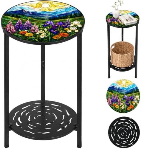 2-Tier Metal Round Side Table Accent Coffee Tables Small Space Corner Plant by Unknown