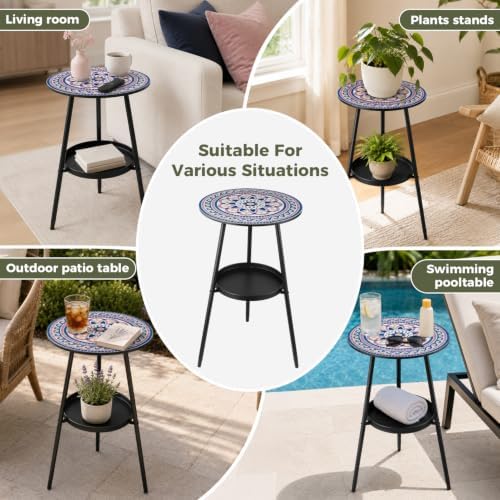 2-Tier Metal Outdoor Side Tables Set of Two 13.5" Round End Tables - Image 6