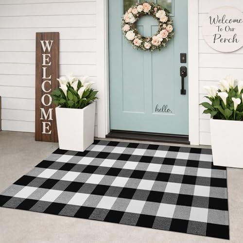 KILOCOCO Buffalo Plaid Checkered Rug 3x5 ft Black White Front Door Rug by Kilococo