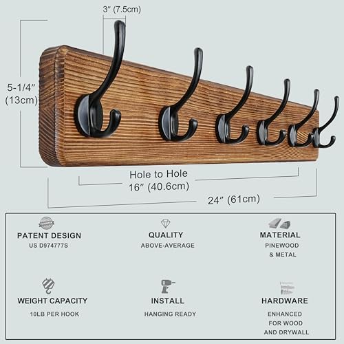 Dseap Wall Mounted Coat Rack: 24" Long, Heavy-Duty, 6-Double-Hooks Wooden - Image 5