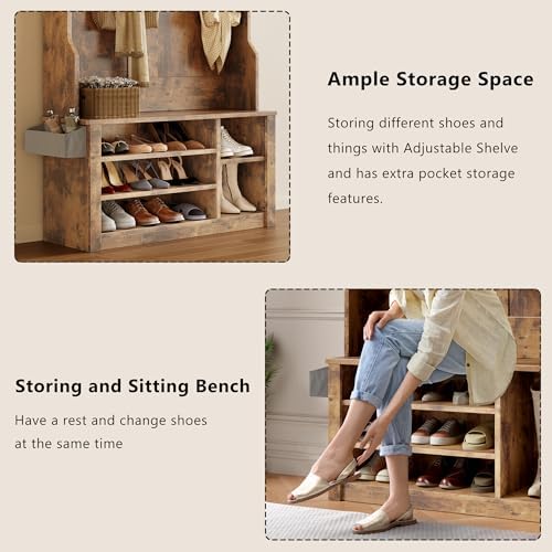 Aiho Entryway Hall Tree with Bench and Storage, Rustic Brown - Image 5