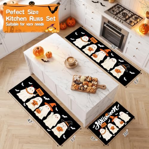 Halloween Kitchen Rugs Set of 3, Witch Hat Ghost Kitchen Mat, Spooky Rugs - Image 6