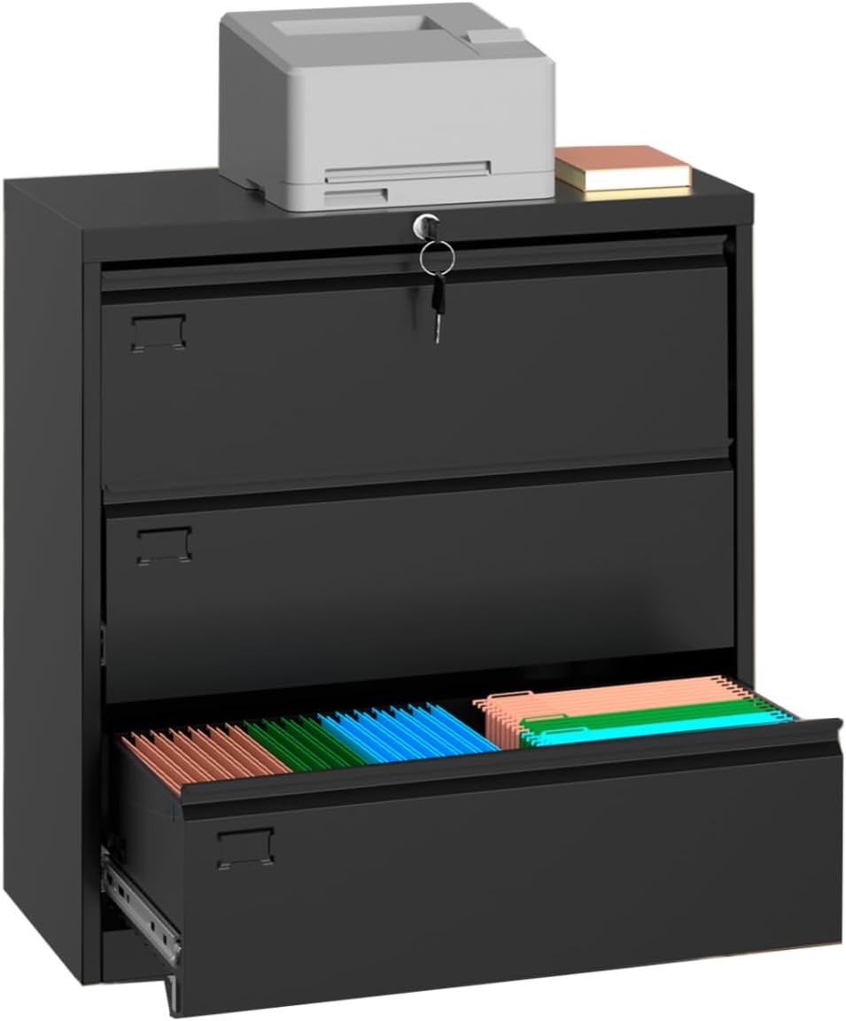 40inch Steel 3 Drawer Lateral Filing Cabinet - Lockable Metal Filing Storage, Home Office Organization, Fits Hanging Letter/Legal/F4/A4, Durable 0.6MM Coated Steel (Black)