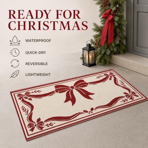 3x5 Ft Christmas Ribbon Bow Reversible Plastic Straw Outdoor Rug - Image 7
