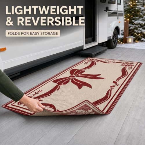 3x5 Ft Christmas Ribbon Bow Reversible Plastic Straw Outdoor Rug - Image 6