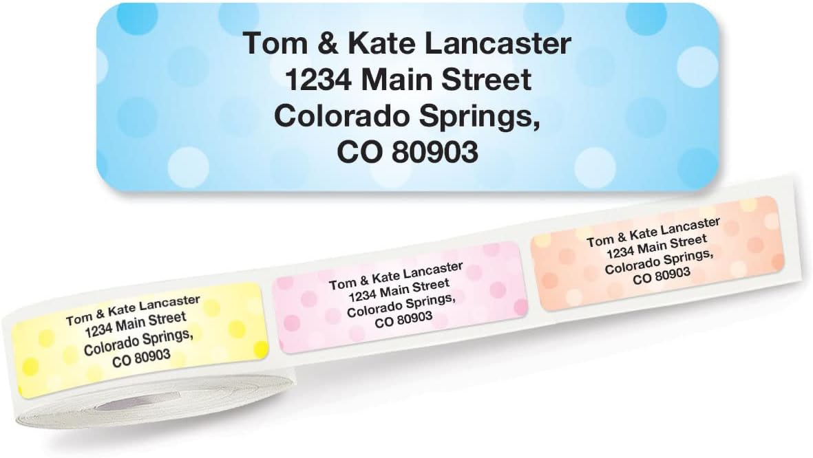 Pastel Dots Rolled Personalized Return Address Mailing Labels with Dispenser, Set of 250, 5 Designs, Small ¾ x 2½ Inch Size, Custom Self-Adhesive Sticker Roll, by Colorful Images