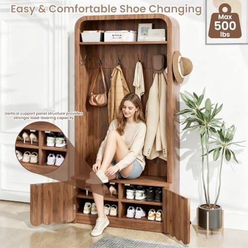 Narrow Hall Tree with Bench and Shoe Storage, Arched Mudroom Bench with Storage - Image 3