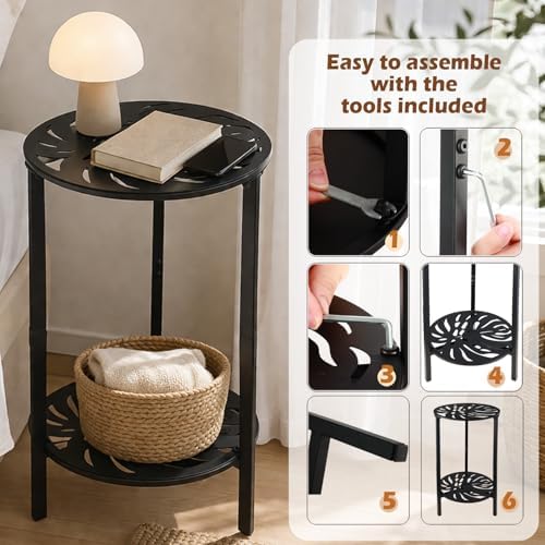 2-Tier Metal Round Side Table Black Accent Coffee Tables Small Space Corner - Image 5