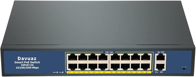 Gigabit PoE Switch 2025 with 16 POE+ Port and 2 Gigabit Uplink Port, by Davuaz