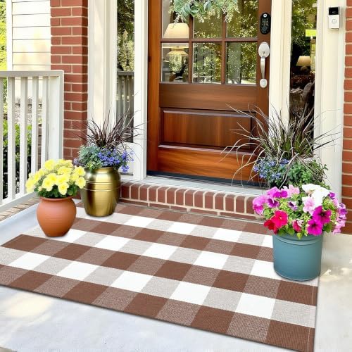 OLANLY Fall Door Mat, Buffalo Plaid Rug, Coffee & White Checkered - Image 4
