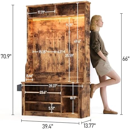 Aiho Hall Tree with Bench and Shoe Storage, 5-in-1 Entryway Bench with Coat Rack - Image 2