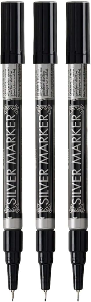 Metallic Permanent Paint Markers, Silver, Extra Fine Point (0.5mm), 3 Count, Bundle with Plastic Reusable Pouch