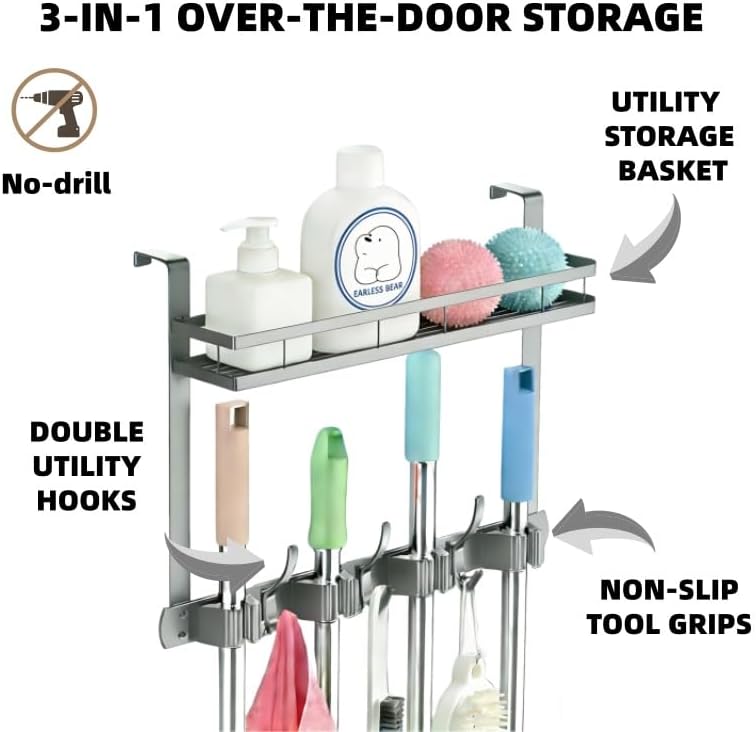 Over the Door Heavy Duty Metal Broom & Mop Holder, No-Drill Cleaning Supply - Image 2