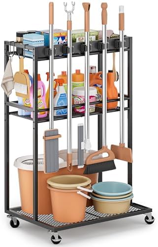 Broom Holder with Cleaning Supplies Organizer, Broom Closet Storage Cabinet by Olakee