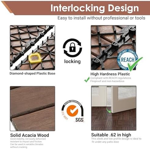 PrimeZone 9 PCS Solid Acacia Wood Interlocking Patio Deck Tiles Outdoor - Image 4