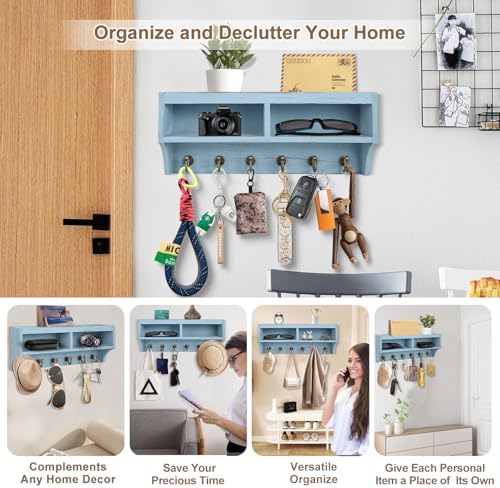 Key Holder Wall Mount with Mail Organizer, 6 Hooks & Shelf - Image 2