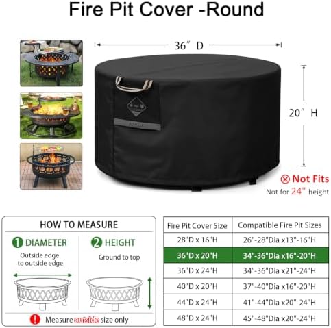 QH.HOME Fire Pit Cover Round 36", 600D Heavy Duty Fabric 100% Waterproof - Image 2