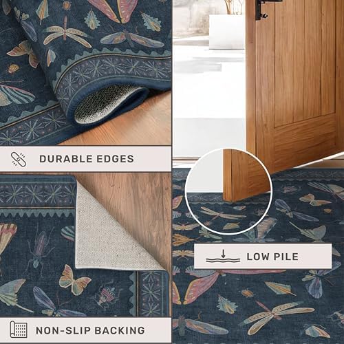 Dark Blue 2x3 Small Rugs for Bathroom Non Slip, Washable Vintage Boho Insect - Image 5