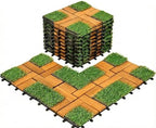Interlocking Acacia Wood and Artificial Grass Deck Tiles 12"x12", 0.94" Thick by Unknown